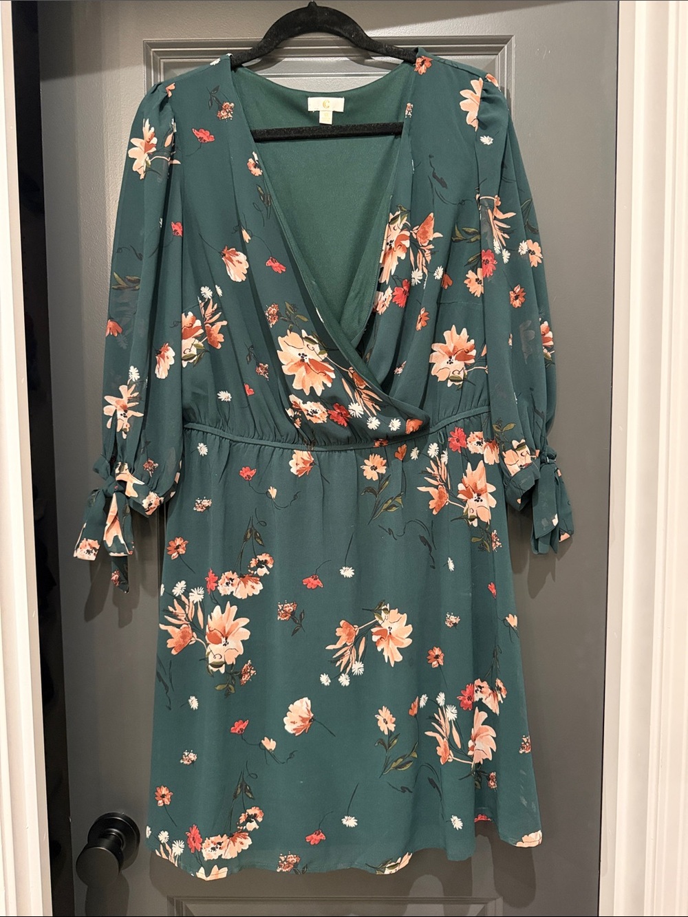 Charming Charlie Floral Dark Green Wrap Dress with Tie Sleeves